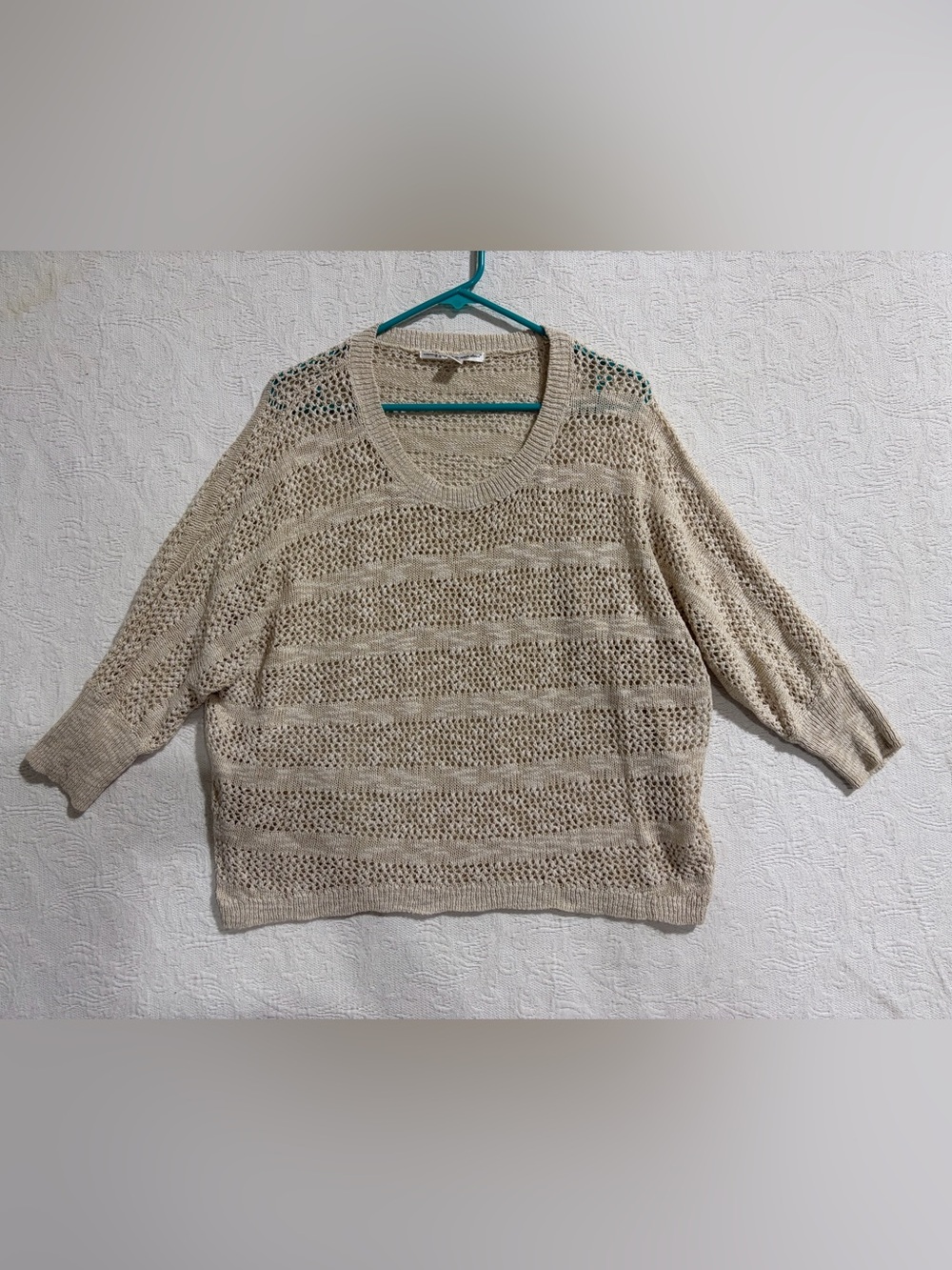 Women's Open-Knit Scoop Neck Sweater in Light Beige
